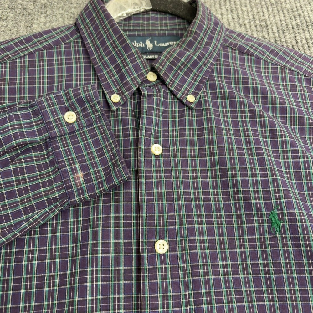 Ralph Lauren Button Up Mens M Purple Green Plaid Cotton Classic Fit Preppy Style